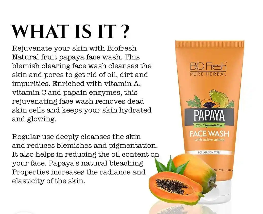 Face Wash- BIO-FRESH Pure Herbal's De-Pigmentation PAPAYA Face Wash with Active Aroma and Nano Multi-Vit Herbal Extract for All Skin Types 120ml