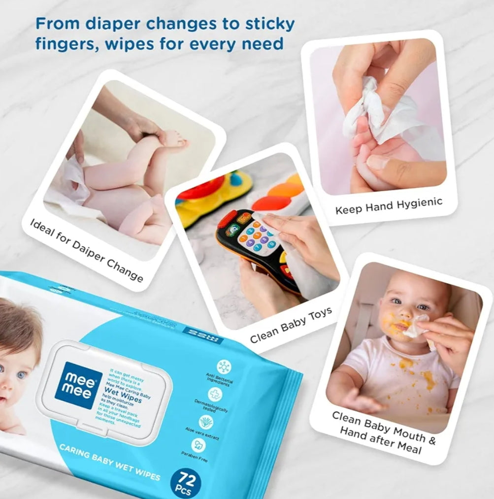 Wipes- mee mee Caring Baby Wet Wipes with Aloe Vera (for Goodness), Castor Oil (for Soothing) and Glycerine (to Lock Moisture) Pack of 72 Pieces