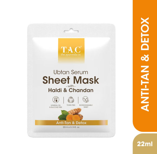 Face Sheet Mask- TAC Ayurveda's Ubtan Serum Sheet Mask with Haldi & Chandan for DeTan & Detox the Skin 22ml