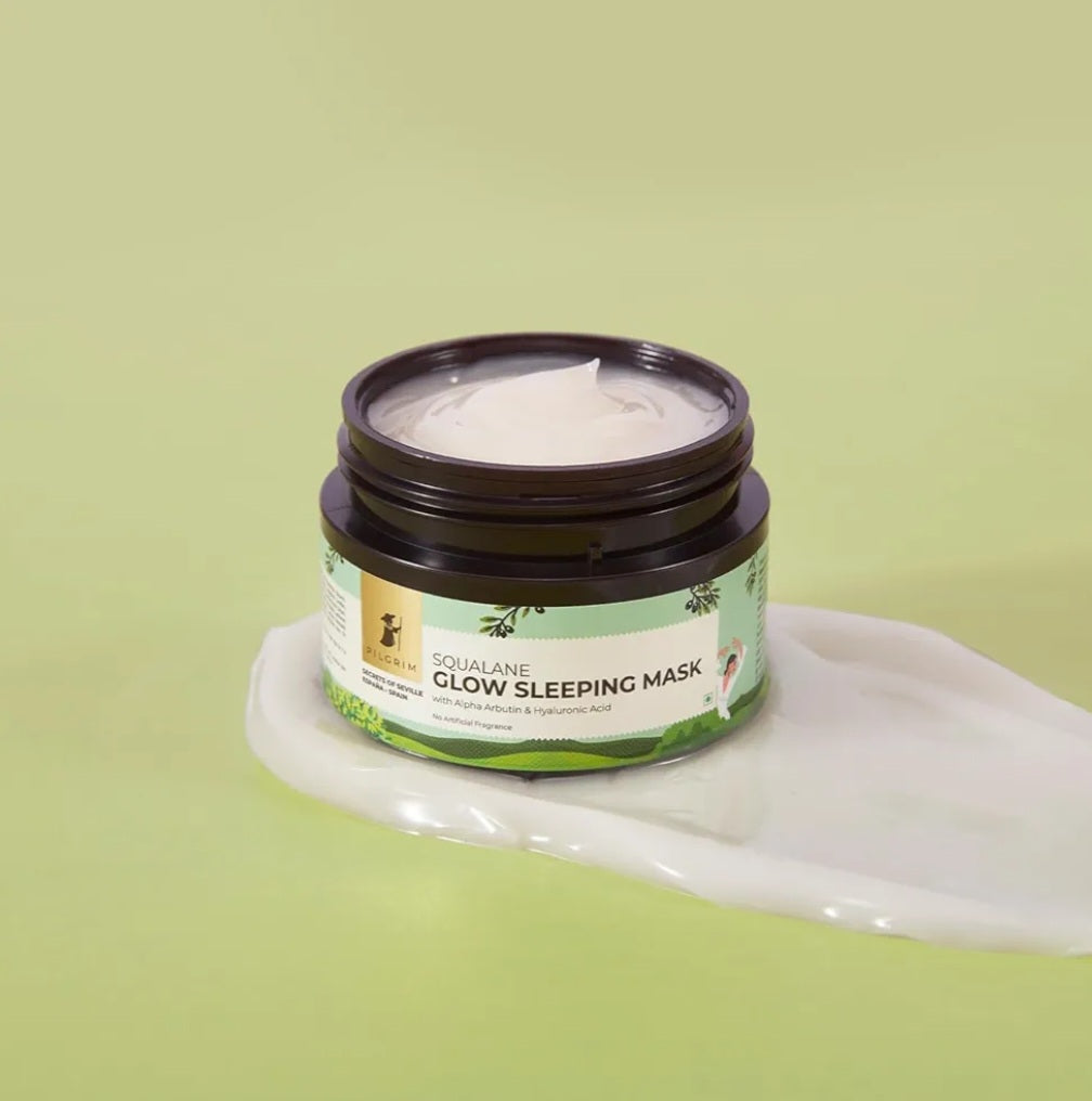 Face Pack & Sleeping Mask- Pilgrim Sqalane Glow Sleeping Mask with Alpha Arbutin & Hyaluronic Acid 8gm