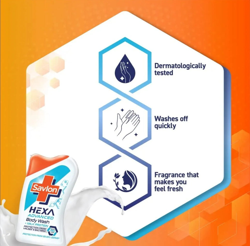 Body Wash & Shower Gel- Savlon Hexa Advanced Body Wash with Milk Protein which gives Protection from 99.99% Germs and Rejuvenates Skin - 100ml