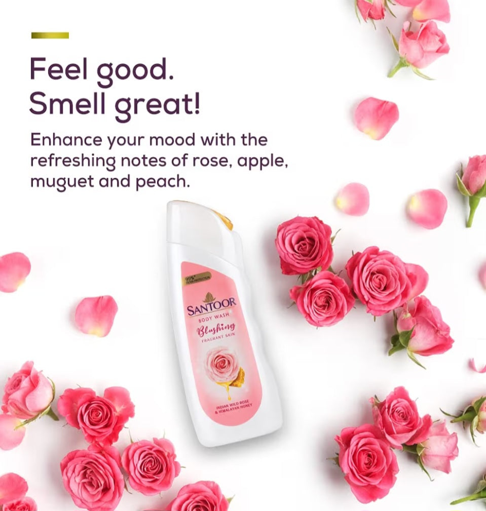 Body Wash & Shower Gel- Santoor Blushing Body Wash enriched with Indian Wild Rose & Himalayan Honey for Refreshed and Fragrant Skin which gives 99% Germ Protection - 230ml