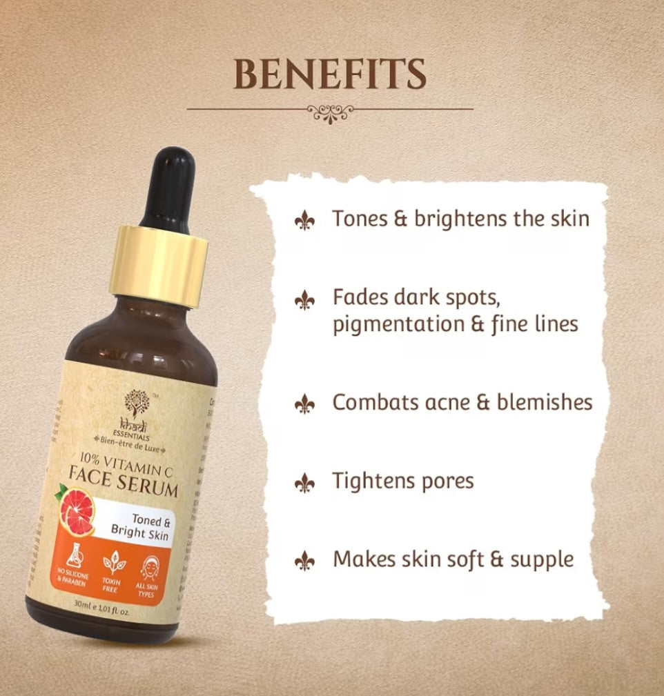 Face Serum- Khadi Essential's 10% Vitamin-C Face Serum enriched with Grapefruit for Toned & Bright Skin - 30ml