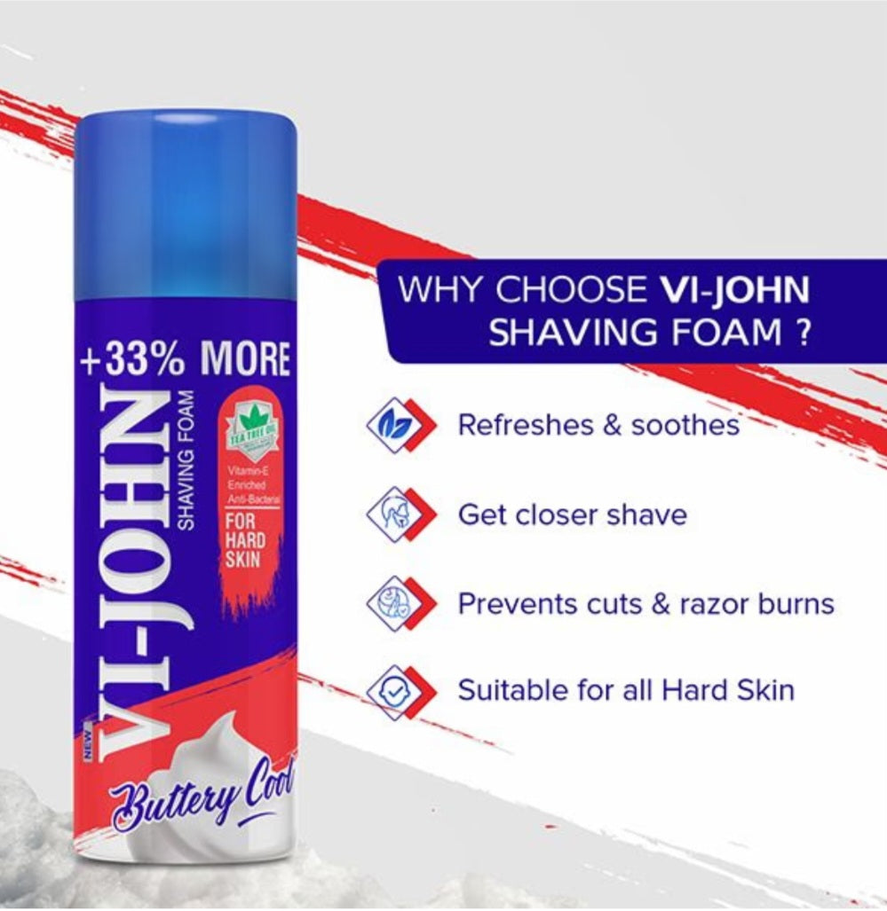 Shaving Foam- Vi-John Buttery Cool Shaving Foam enriched with Vitamin-E & Anti-Bacterial Goodness of Tea Tree Oil, Suitable for Hard Skin - 400gm (300gm +100gm Free)