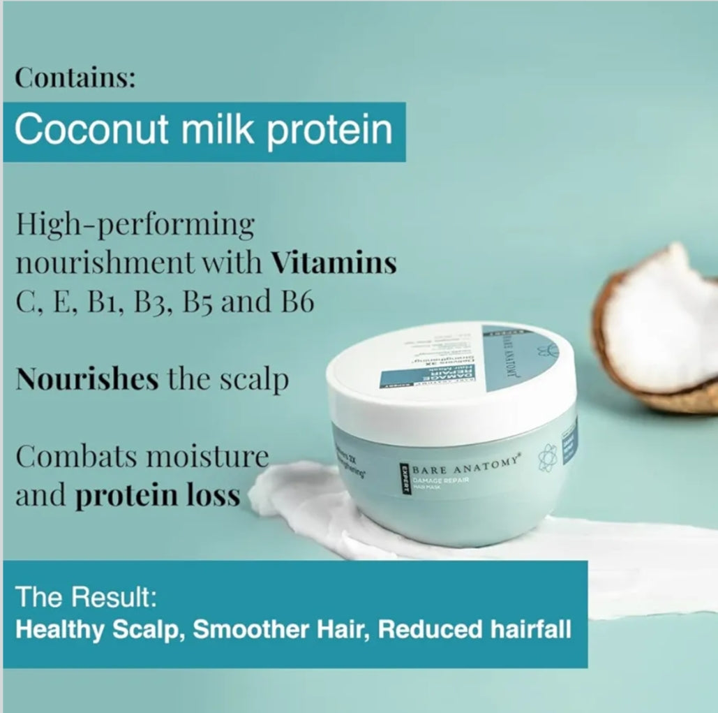 Hair Mask- Bare Anatomy EXPERT Damage Repair Mask with Ceramide A2 and Coconut Milk Protein. Designed to repair and strengthen damaged hair, provides 3x strengthening and improves texture & shine - 250gm