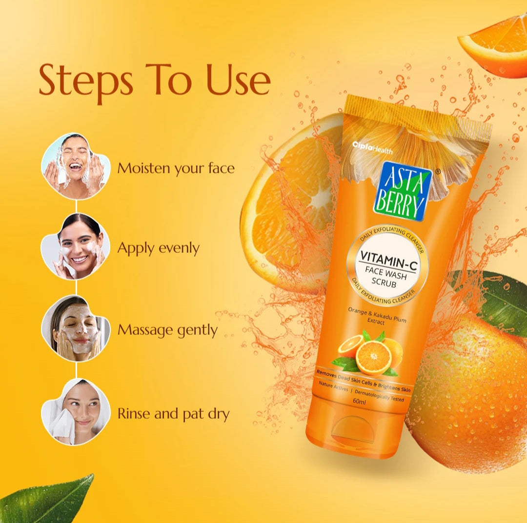 Face Wash- Asta Berry Vitamin-C Face Wash Scrub with Orange & Kakadu Plum extract which Removes Dead Skin Cells & Brightens Skin 100ml