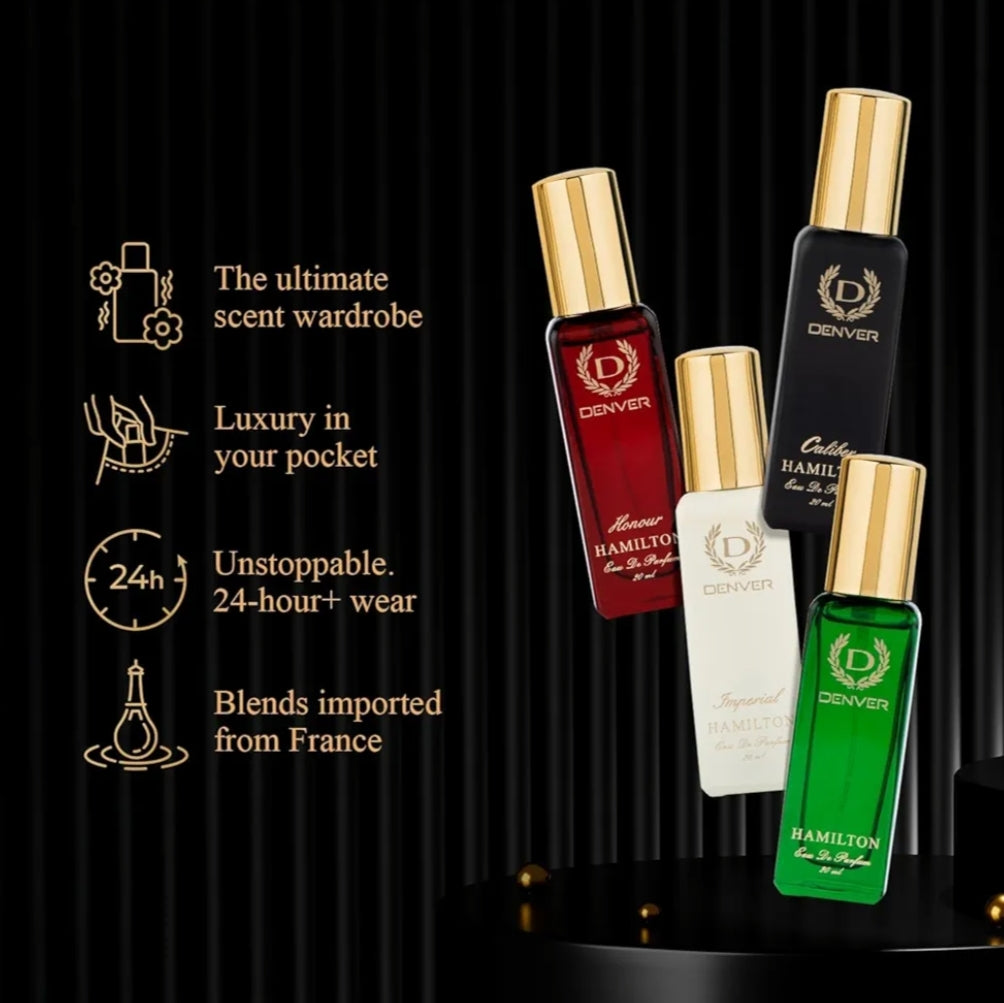 Perfumes & Deodorants- DENVER Exclusive Collection of 4 Magical Long Lasting Perfumes (Hamilton, Imperial, Caliber & Golden Sands) 80ml (20ml each)