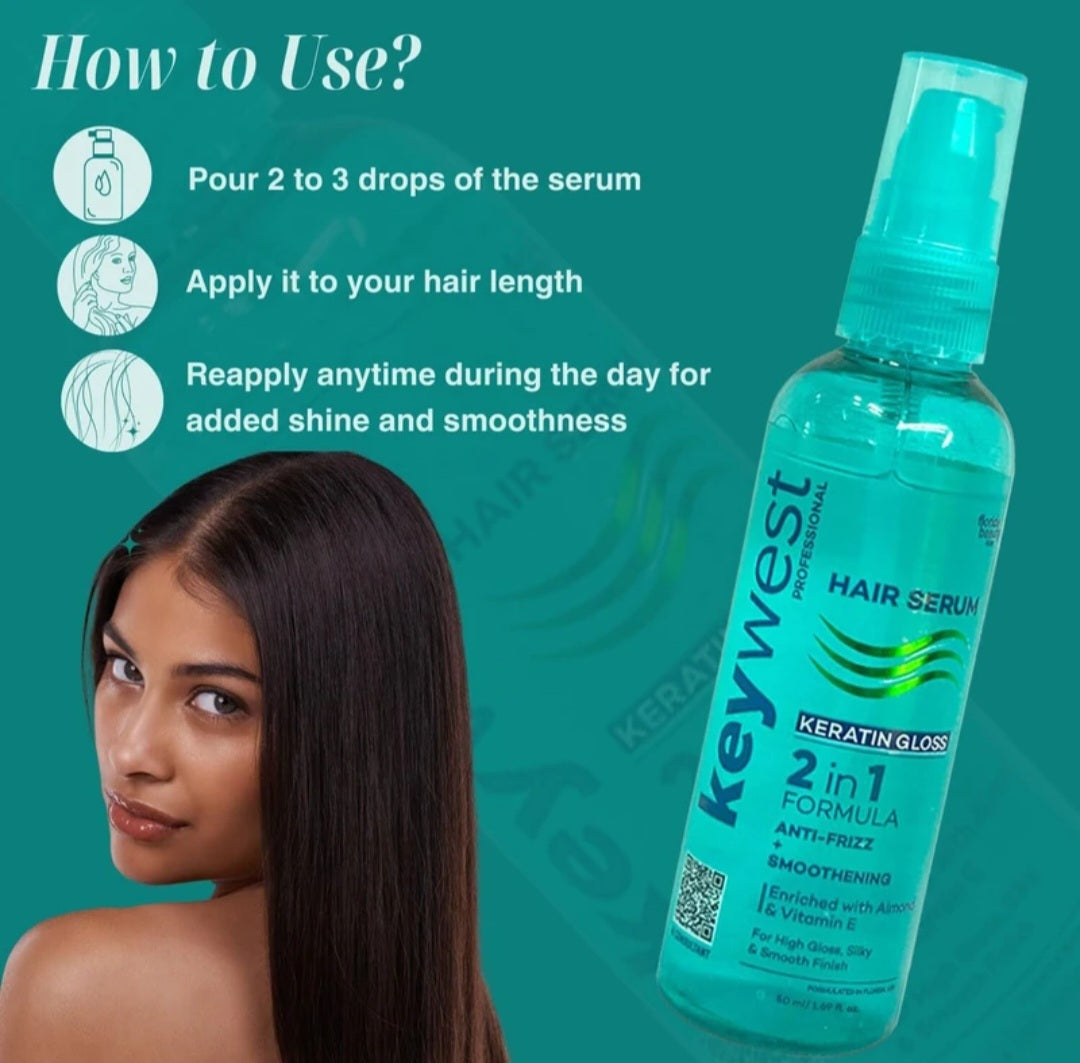 Hair Serum- Keywest Professional's Keratin Gloss Hair Serum 2-in-1 Formula (Anti-Frizz + Smoothening) Enriched with Almond Oil & Vitamin E - 50ml