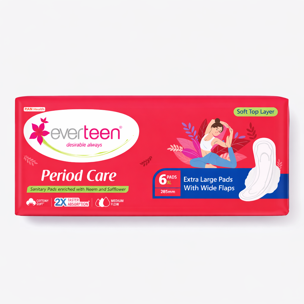 Sanitary Pads- Everteen Period Care Cottony Soft Sanitary Pads enriched with Neem & Safflower with 2X Faster Heavy Flow Absorption - Pack of 6 XL Pads (285mm with Double Flaps)
