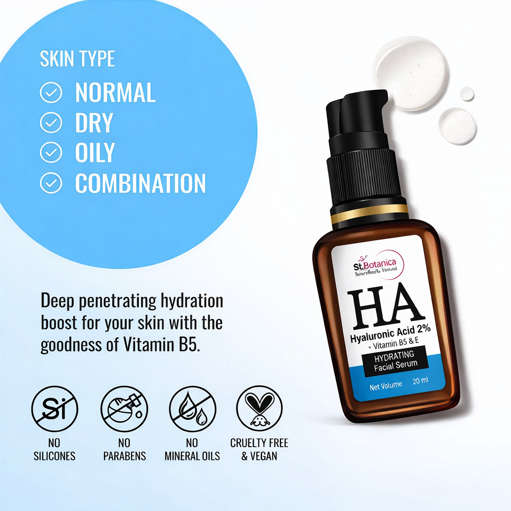 Face Serum- St.Botanica HA (Hyaluronic Acid 2%) + Vitamin-B5 & Vitamin-E Hydrating Facial Serum - 20ml