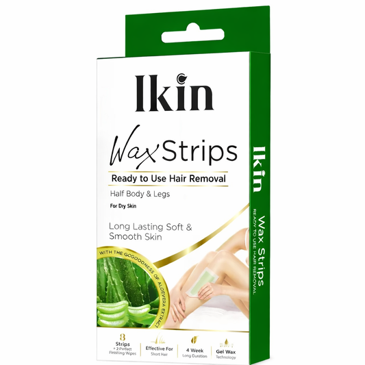 Wax Strips- Ikin Ready to Use Hair Removal Wax Strips with the goodness of Aloe Vera Extract- Pack of 8 Strips & 2 Perfect Finishing Wipes