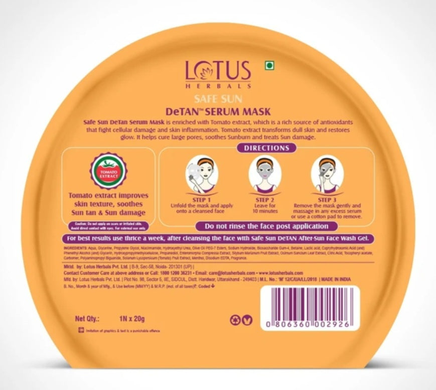 Face Sheet Mask- Lotus Herbals Safe Sun De-Tan Face Serum Sheet Mask enriched with Tomato Extract which Lightens the Effect of Sun Tan and Improves Skin Texture in 10 Minutes - 20gm