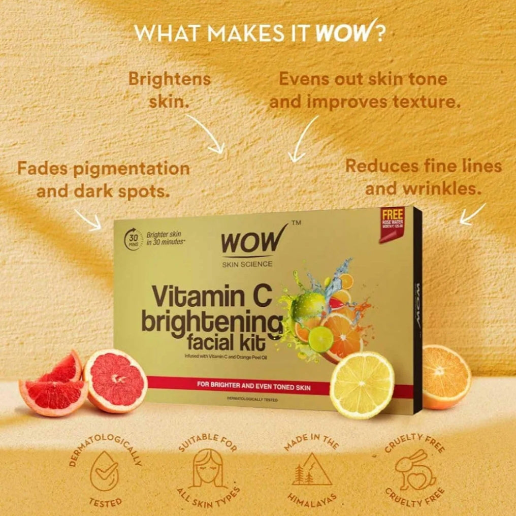 Facial Kit- WOW Vitamin-C Brightening Facial Kit infused with Vitamin-C & Orange Peel Oil for Brighter and Even Toned  Skin - 60ml (6 units x 10ml)