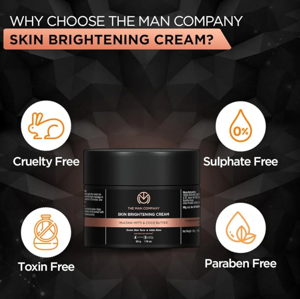 Brightening & Glowing Cream- The Man Company's Skin Brightening Cream with Multani Mitti & Coco Butter For Men which Evens Skin Tone & Adds Glow 50gm