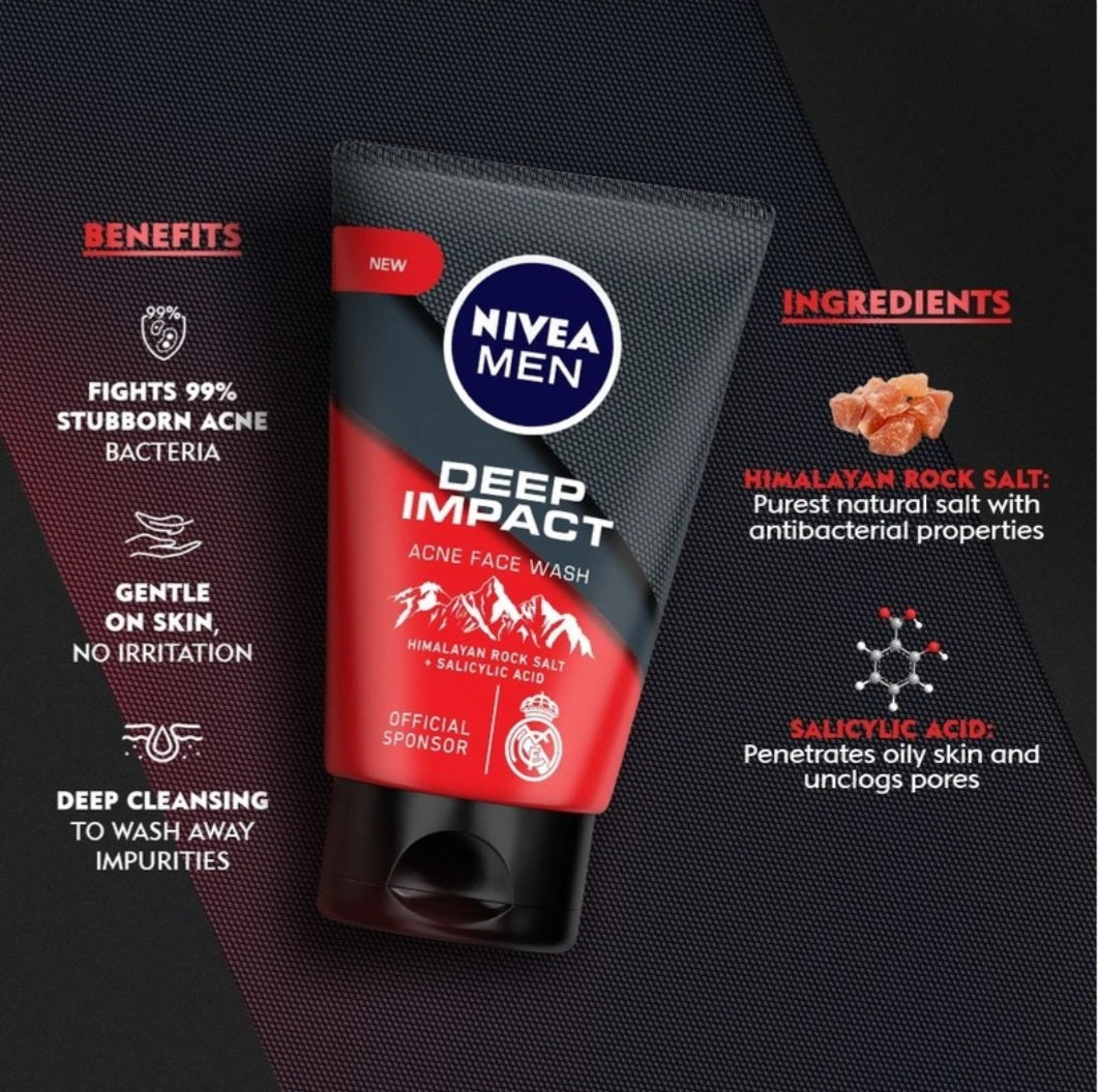 Face Wash- NIVEA MEN'S Deep Impact Acne Face Wash with Himalayan Rock Salt & Salicylic Acid - 100gm
