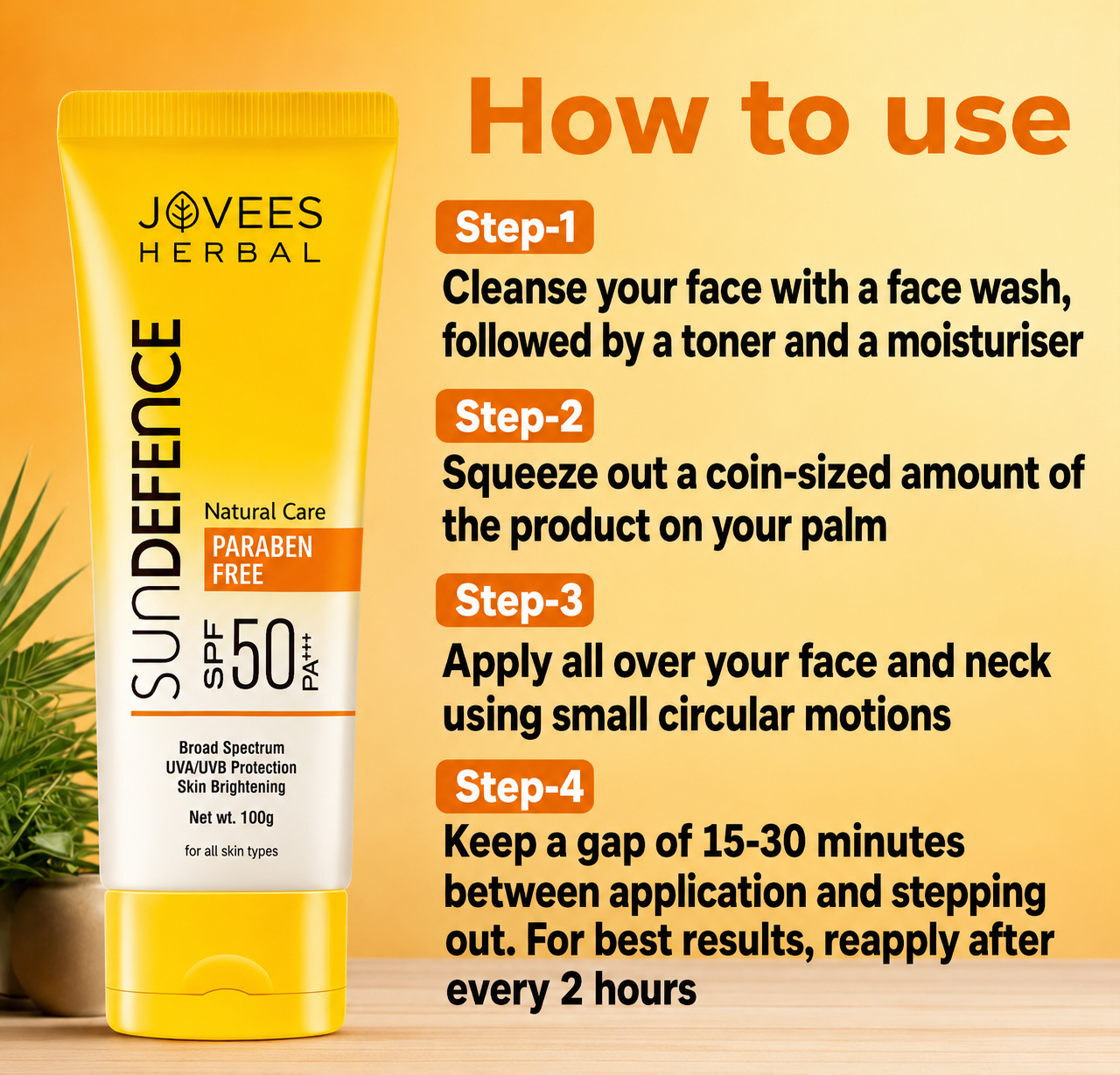 Sunscreen- JOVEES Herbal's SUNDEFENCE Paraben Free SPF-50 PA+++ (UVA/UVB Protection) Skin Brightening Natural Care Sunscreen suitable for All Skin Types - 100gm