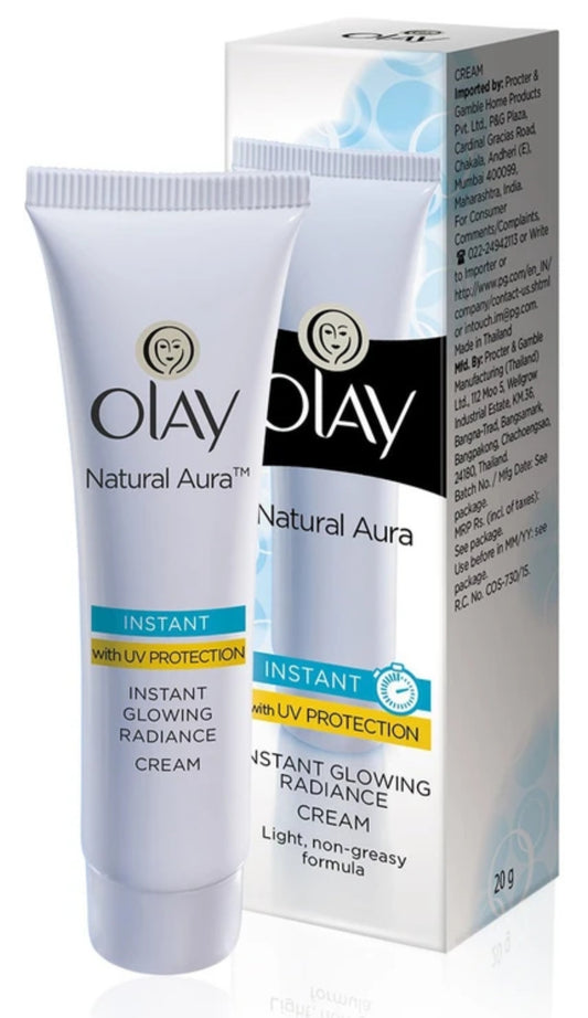 Brightening & Glowing Cream- OLAY Natural Aura Instant Glowing Radiance Light & Non-Greasy Cream with UV Protection 20gm