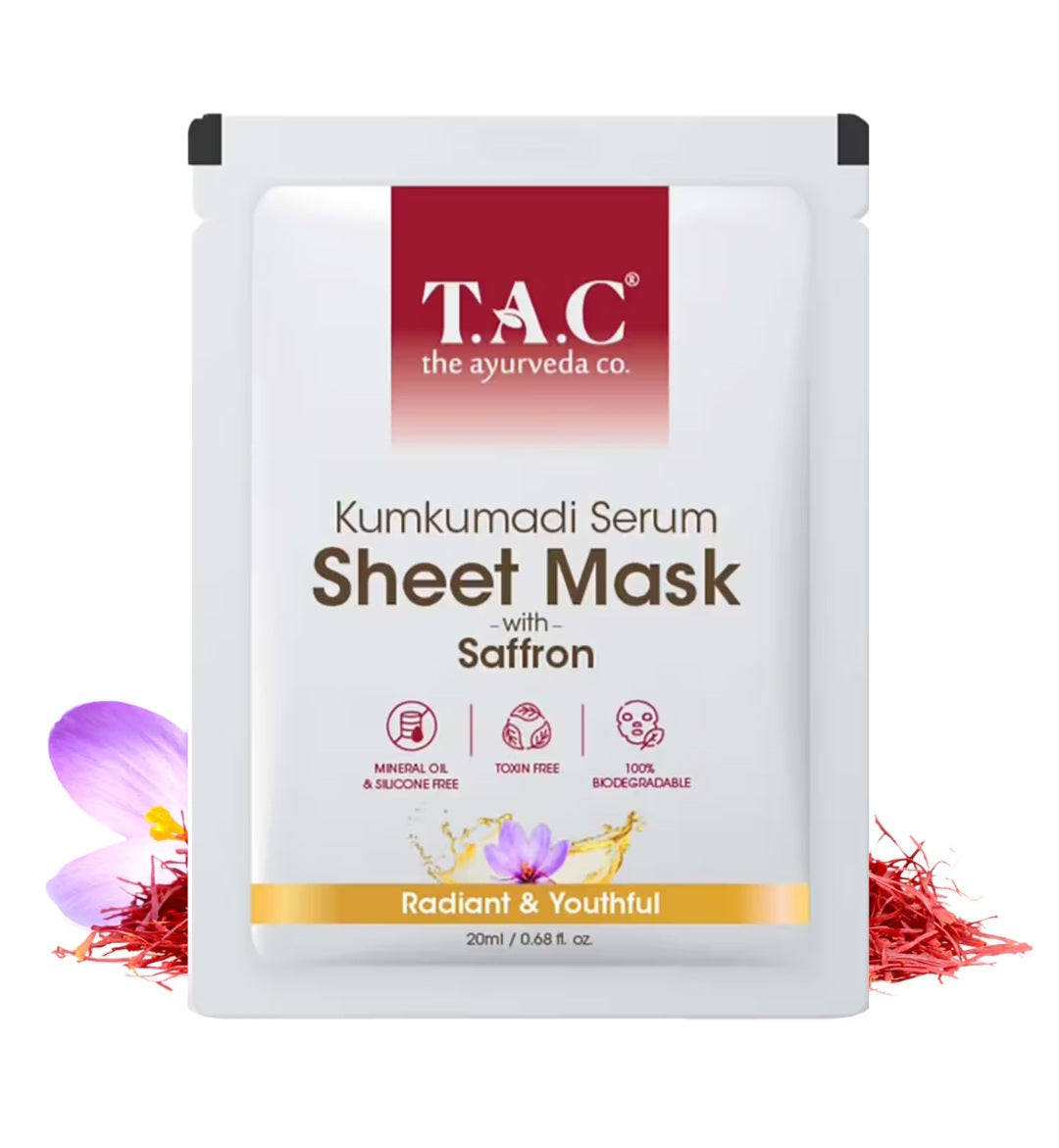 Face Sheet Mask- TAC Ayurveda's Kumkumadi Serum Sheet Mask with Saffron for Radiant & Youthful Skin 22ml