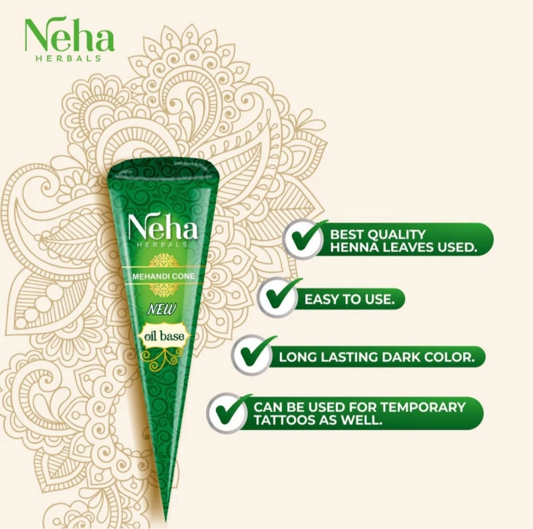 Mehandi- Neha Herbals New Oil Based Fast Staining Mehandi Cone Box of 12 Pieces