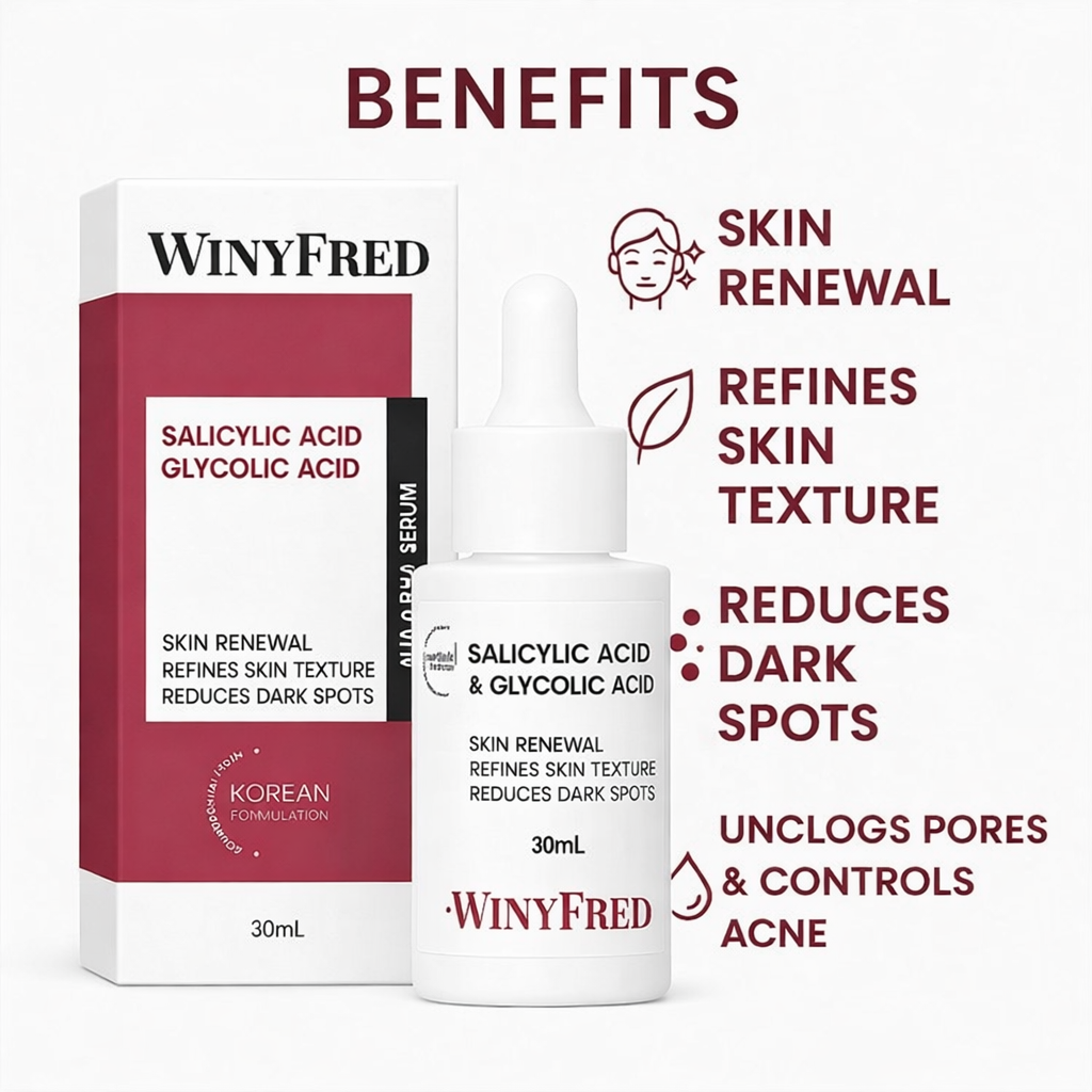 Face Serum- Winyfred Salicylic Acid, Glycolic Acid, AHA & BHA (Korean Formulation) Face Serum which is beneficial in Skin Renewal, Refining Skin Texture and Reducing Dark Spots - 30ml