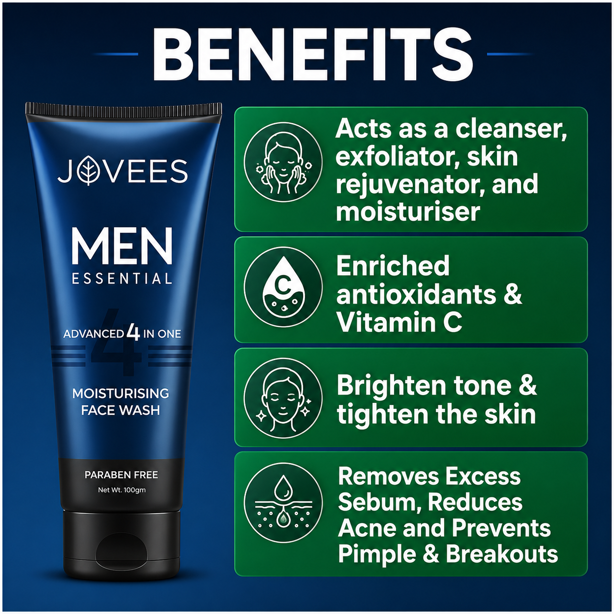 Face Wash- JOVEES Herbal's Paraben Free Advanced 4-in-1 Moisturizing Face Wash for Men - 100gm