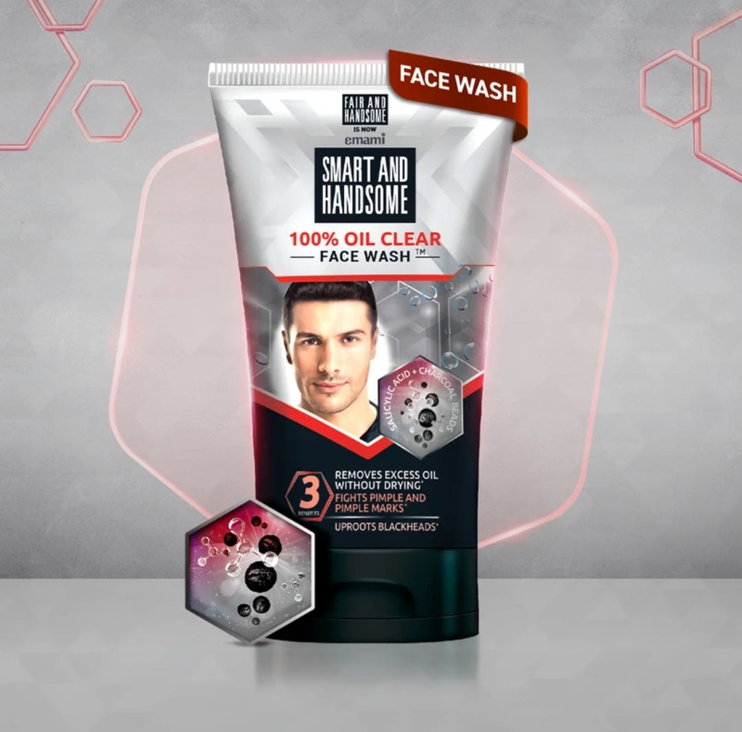 Face Wash- Smart And Handsome (by Emami) 100% Oil Clear Face Wash with 3-in-1 Benefits (1. Removes Excess Oil without Drying the Skin, 2. Fights Pimple & Pimple Marks and 3. Uproots Blackheads) - 150gm