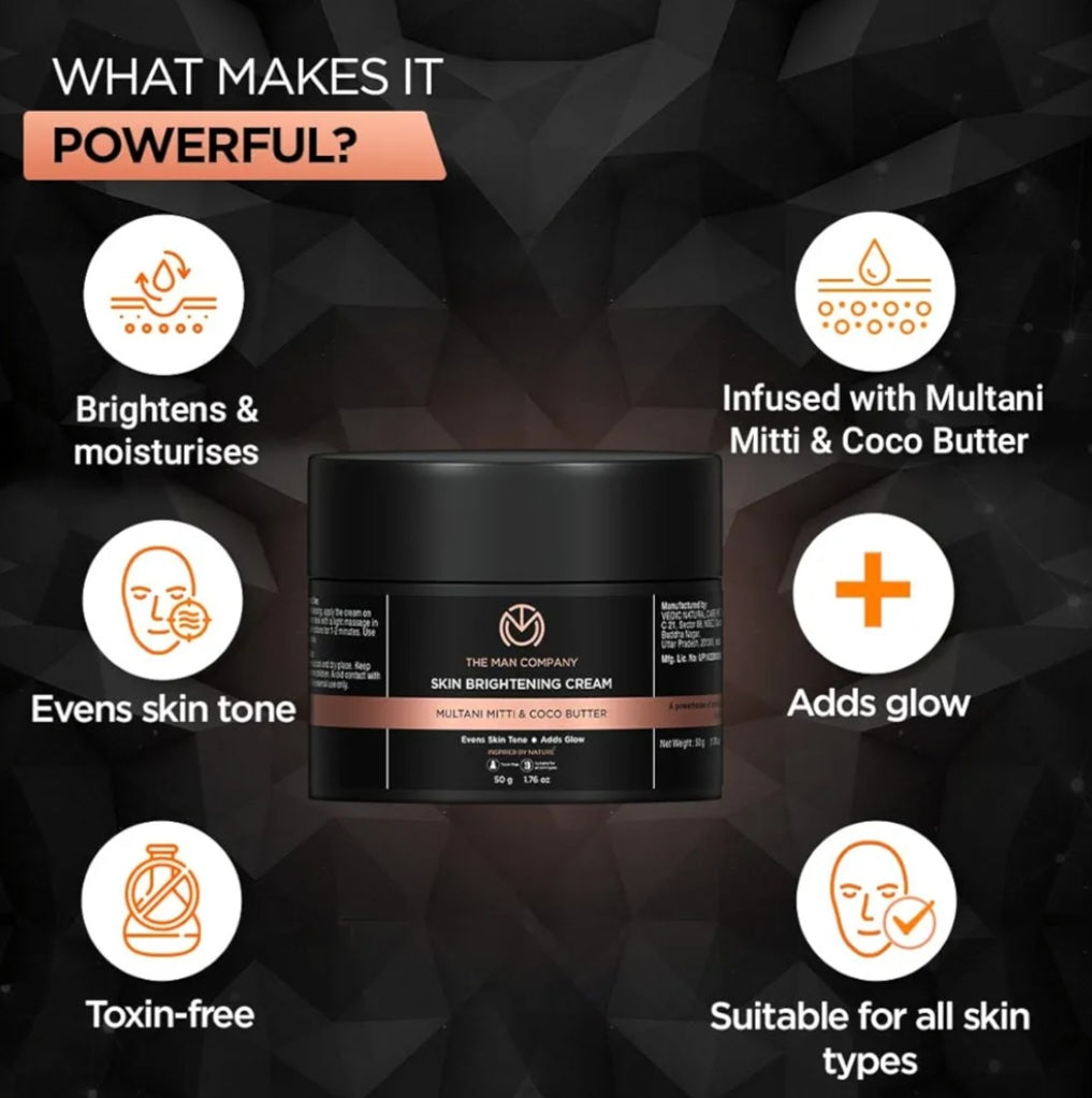 Brightening & Glowing Cream- The Man Company's Skin Brightening Cream with Multani Mitti & Coco Butter For Men which Evens Skin Tone & Adds Glow 50gm