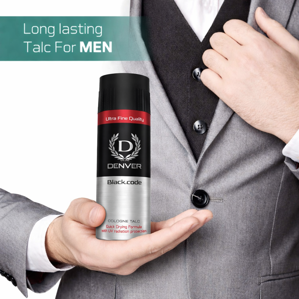 Face & Body Powder- DENVER Black.Code Ultra Fine Quality Cologne Talc with Quick Drying Formula & UV Radiation Protection - 300gm
