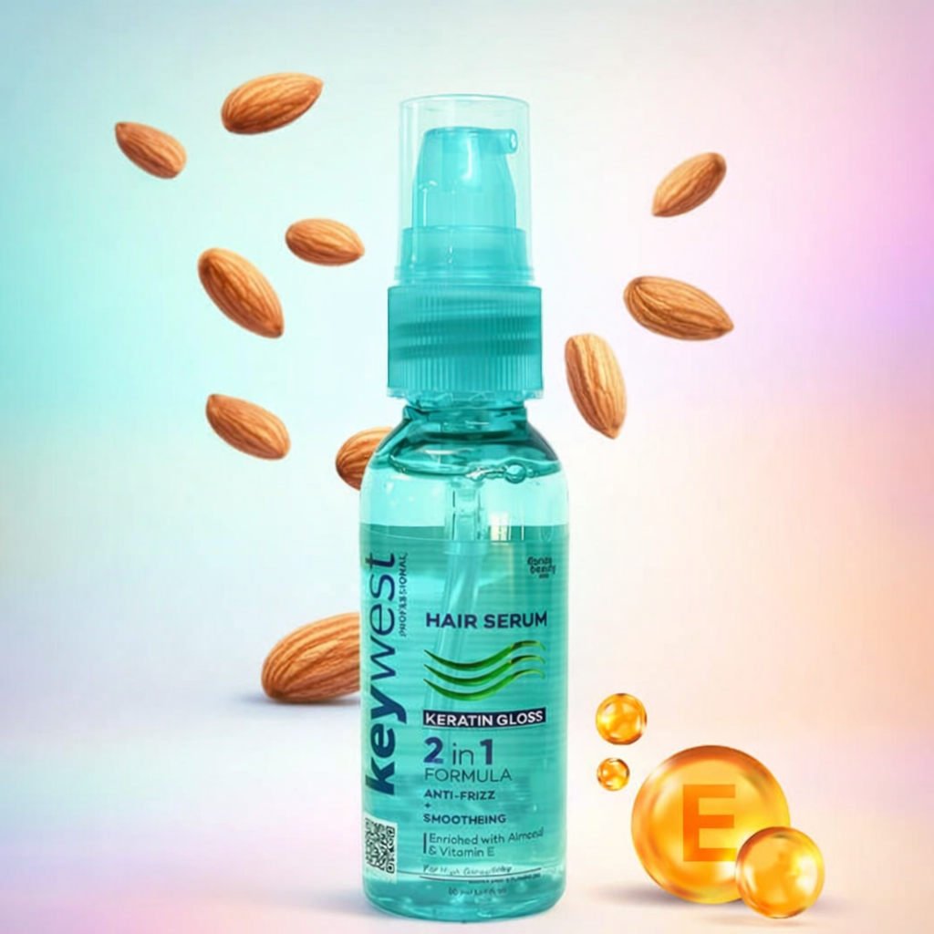 Hair Serum- Keywest Professional's Keratin Gloss Hair Serum 2-in-1 Formula (Anti-Frizz + Smoothening) Enriched with Almond Oil & Vitamin E - 50ml