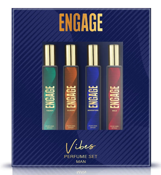 Perfumes & Deodorants- ENGAGE Vibes Perfumes Gift Set for Men with 4 Long-Lasting Fragrances (1. Trendy- Woody & Aromatic, 2. Classic- Citrus & Aromatic, 3. Adventure- Woody & Musk and 4. Wild- Woody & Amber) - 80ml (4x20ml)