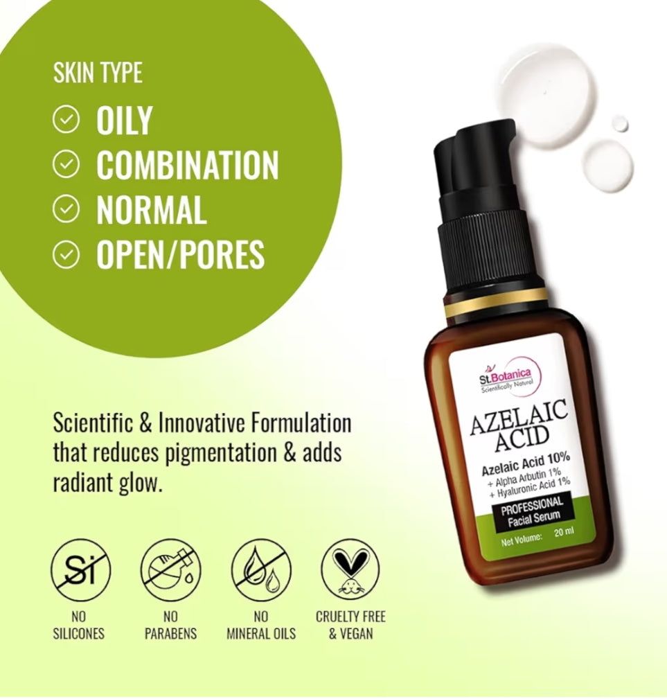 Face Serum- St.Botanica Azelaic Acid 10% + Alpha Arbutin 1% + Hyaluronic Acid 1% Professional Facial Serum - 20ml