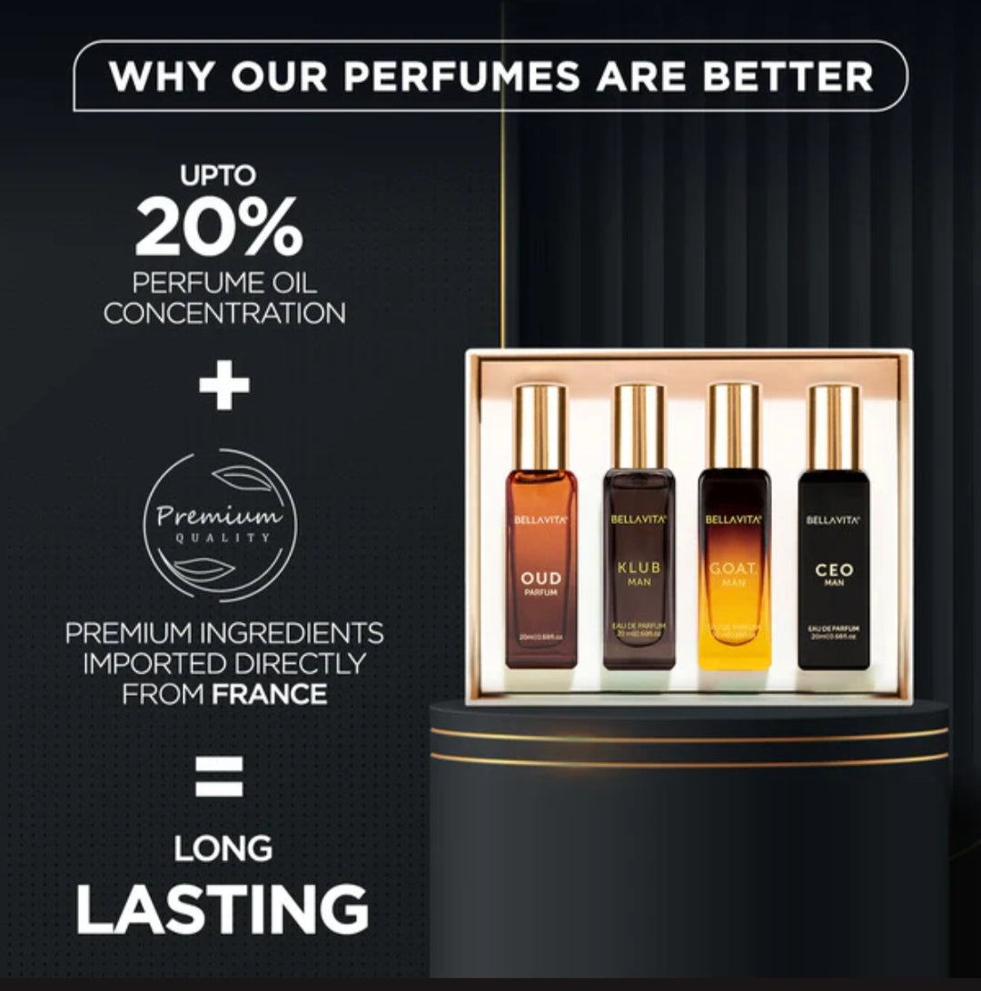 Perfumes & Deodorants- Bella Vita Luxury Long Lasting Men Perfume Gift Set 20mlx4 (KLUB, OUD, CEO, G.O.A.T)