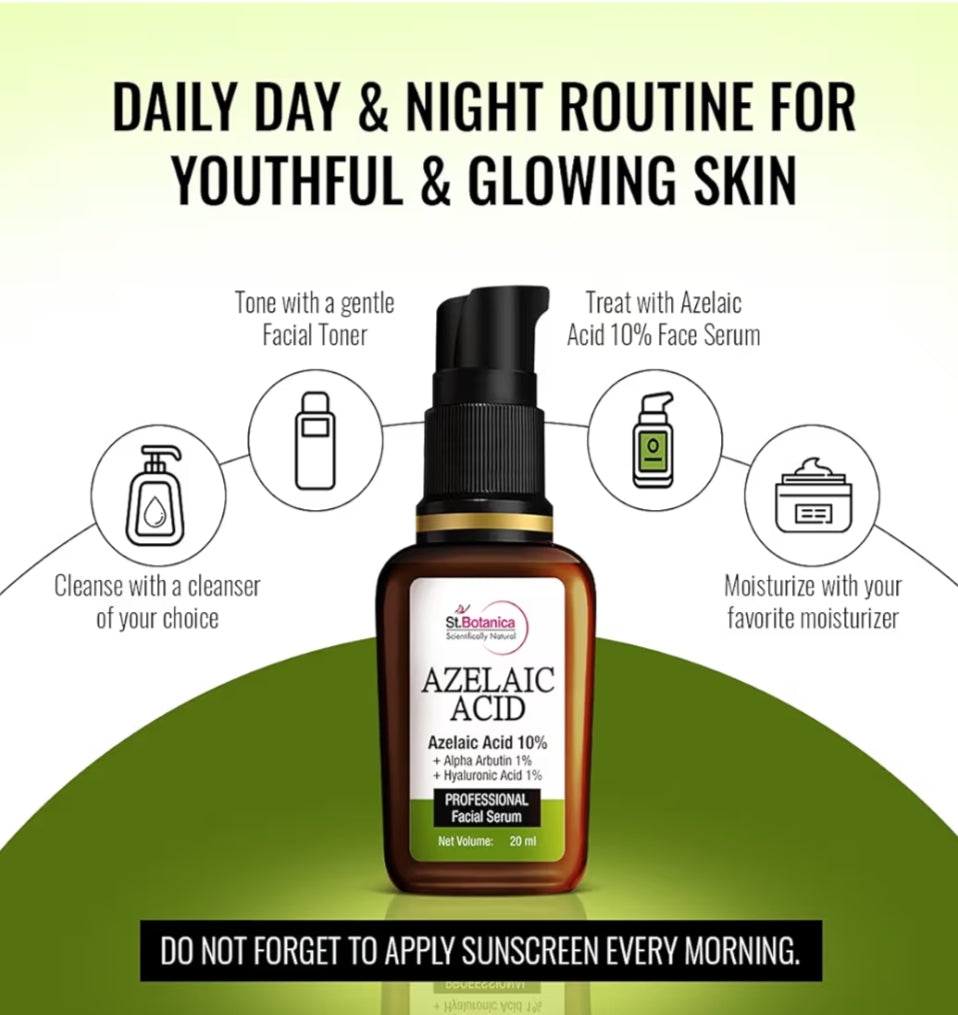 Face Serum- St.Botanica Azelaic Acid 10% + Alpha Arbutin 1% + Hyaluronic Acid 1% Professional Facial Serum - 20ml