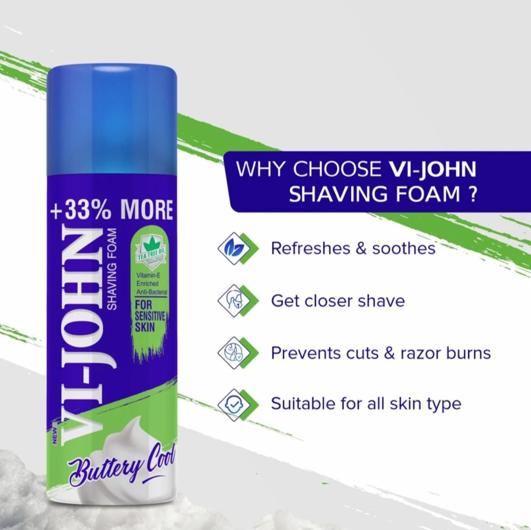 Shaving Foam- Vi-John Buttery Cool Shaving Foam enriched with Vitamin-E & Anti-Bacterial Goodness of Tea Tree Oil, Suitable for Sensitive Skin - 400gm (300gm +100gm Free)