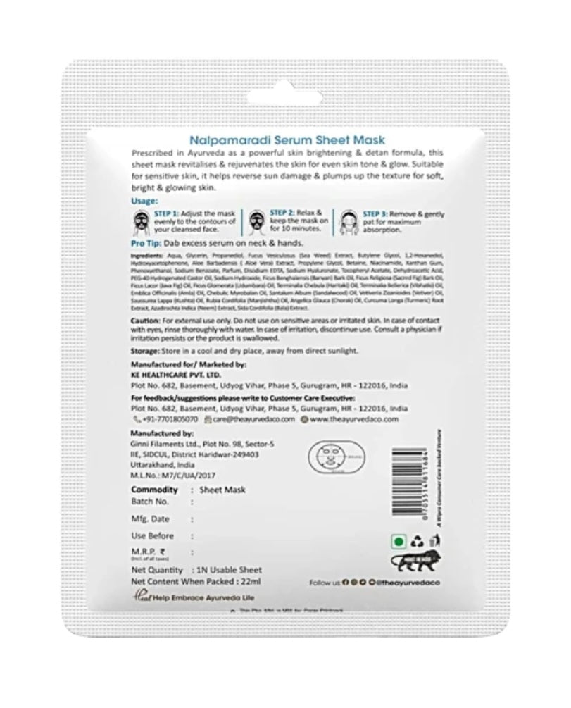 Face Sheet Mask- TAC Ayurveda's Nalpamaradi Serum Sheet Mask with Peepal & Curcumin for Glow & Brightening 22ml