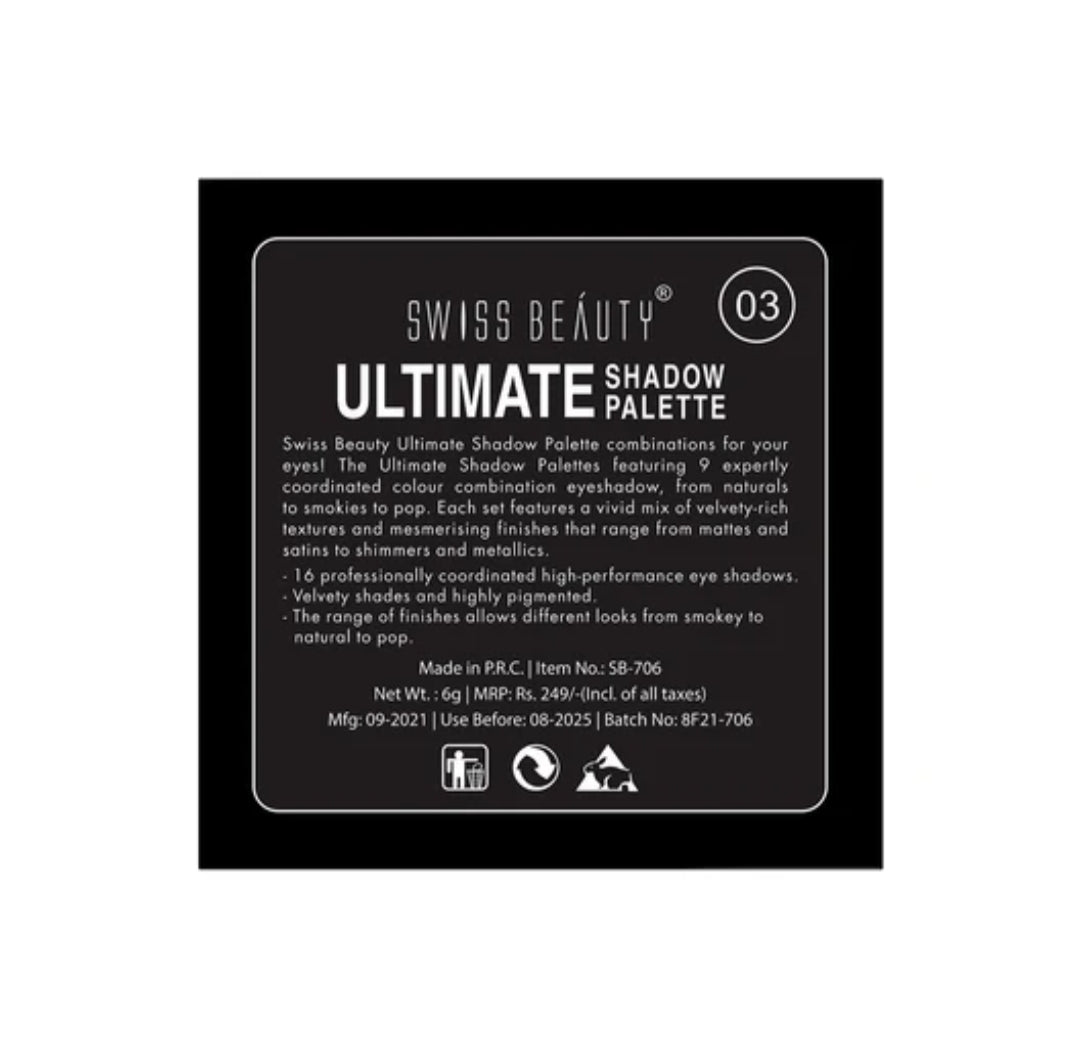 Makeup Eyeshadow- Swiss Beauty Ultimate 9 Color Eyeshadow Palette (Shade-03) consists of highly pigmented shades in matte, shimmer, and metallic finishes for creating endless eye looks - 6gm