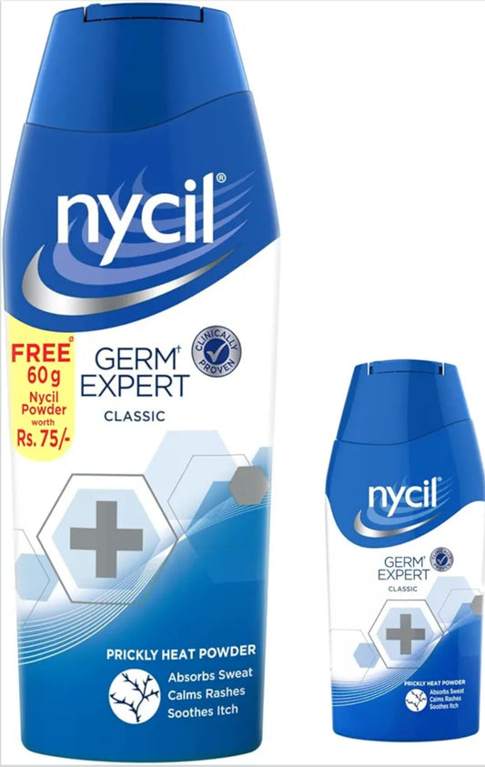 Talcum & Prickly Heat Powder- Nycil Germ Expert Prickly Heat Powder which Absorbs Sweat, Calms Rashes & Soothes Itch 210gm (150gm+60gm Free worth Rs.75/-)