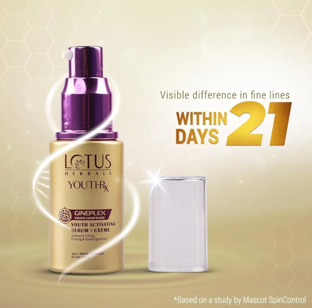 Brightening & Glowing Cream- LOTUS Herbal's YouthRx GINEPLEX Youth Activating Serum+Creme with 10X more Ginplex for Better & Faster Results and Suitable for All Skin Types - 30ml