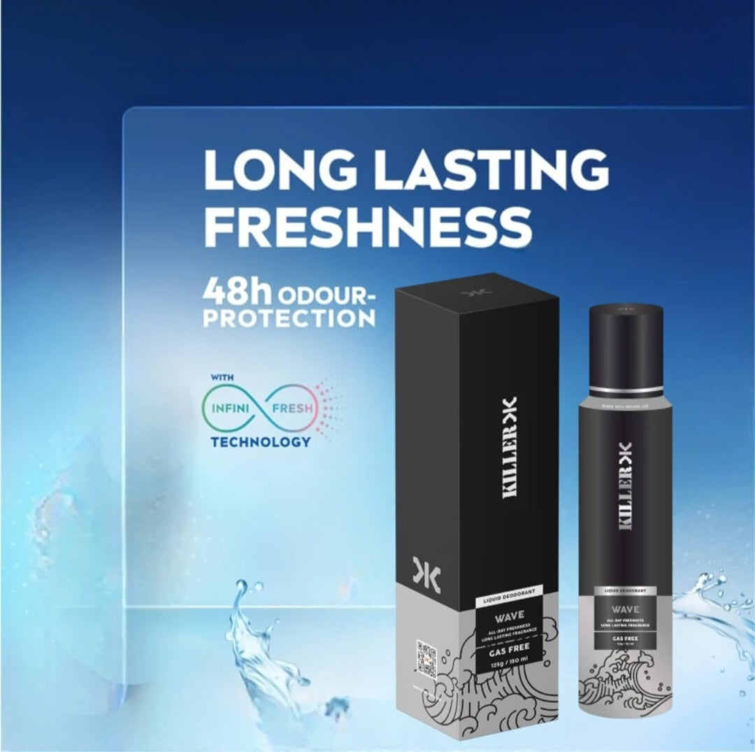 Perfumes & Deodorants- KILLER WAVE Gas Free Liquid Deodorant for All Day Freshness and Long Lasting Fragrance 150ml