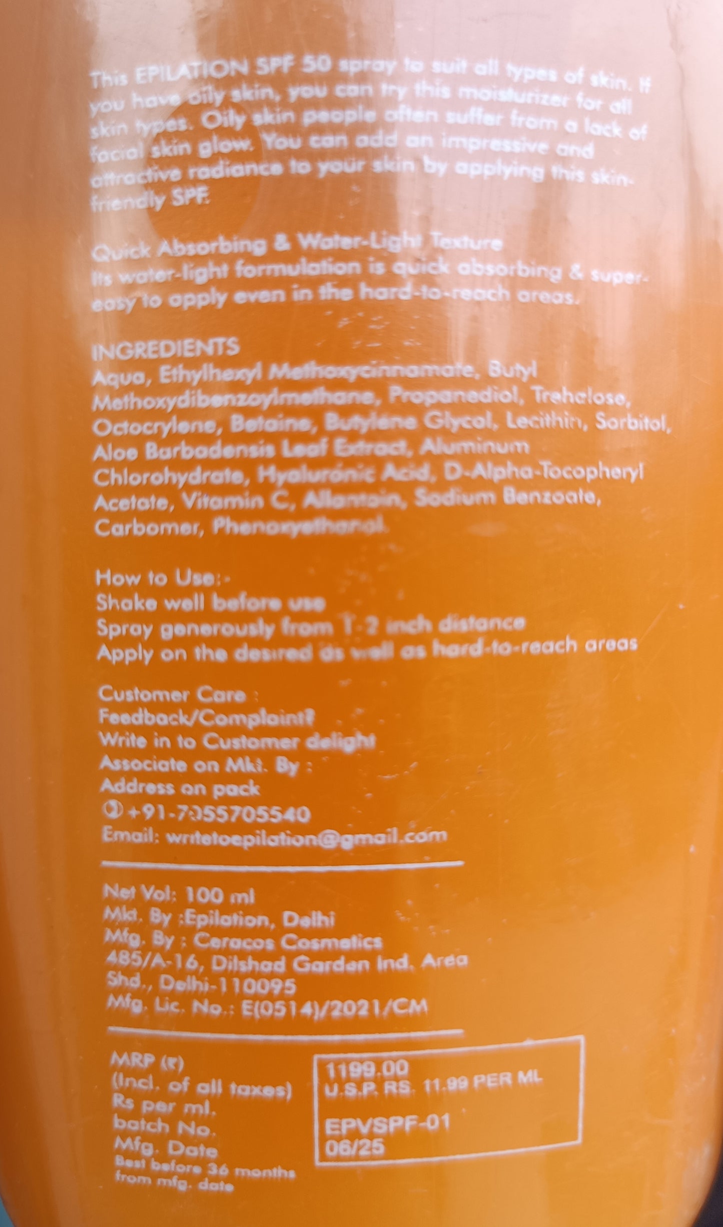Sunscreen- Epilation SPF 50 PH Balanced Formula Broad Spectrum Sunscreen Spray Enriched with Vitamin-C, Vitamin-E, Hyaluronic Acid and Niacinamide 100ml