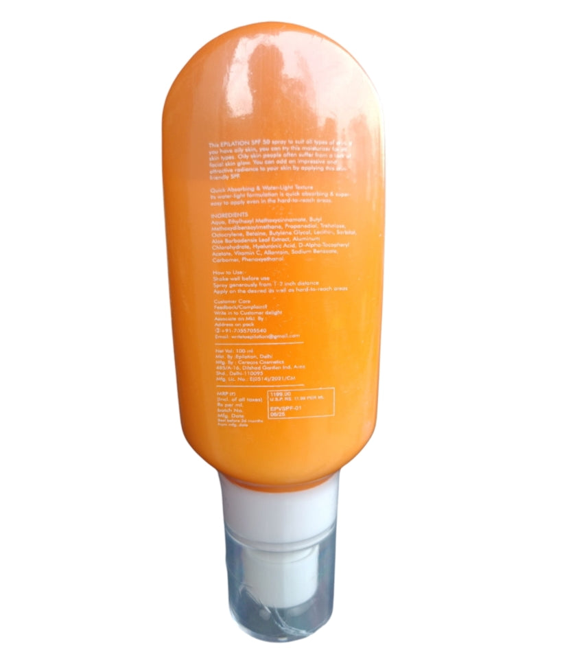 Sunscreen- Epilation SPF 50 PH Balanced Formula Broad Spectrum Sunscreen Spray Enriched with Vitamin-C, Vitamin-E, Hyaluronic Acid and Niacinamide 100ml