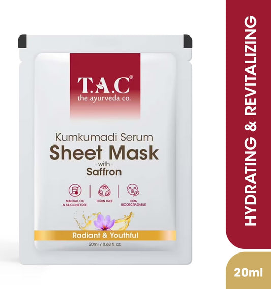 Face Sheet Mask- TAC Ayurveda's Kumkumadi Serum Sheet Mask with Saffron for Radiant & Youthful Skin 22ml