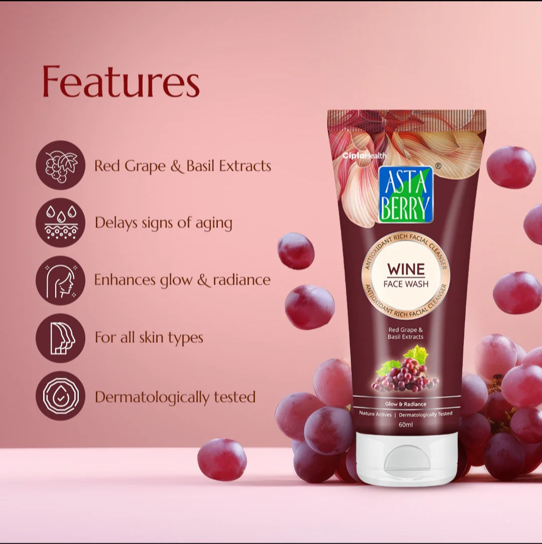 Face Wash- Asta Berry Wine Face Wash with Red Grapes & Basil Extract for Natural Glow & Radiance 100ml