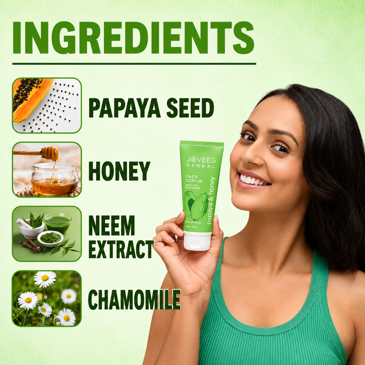 Face Scrub- JOVEES Herbal's Papaya & Honey Face Mud Scrub suitable for Normal to Dry Skin - 50gm