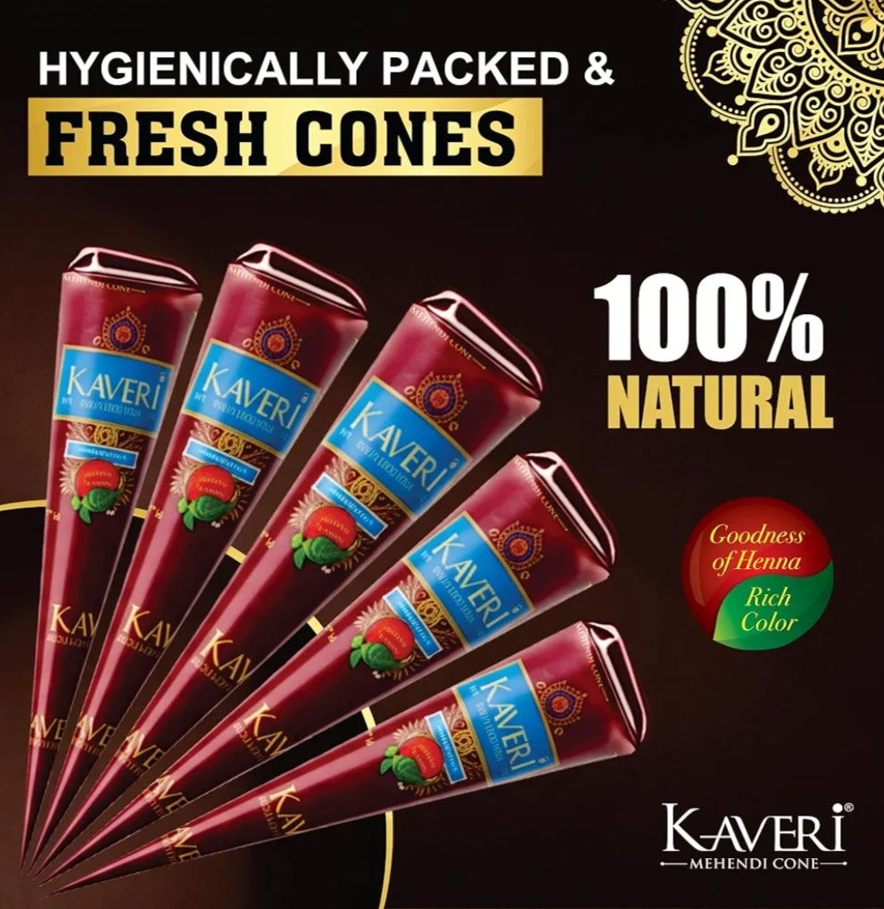 Mehandi- Kaveri Fastest Staining Rich Colour Mehandi Cone Box of 12 Pieces