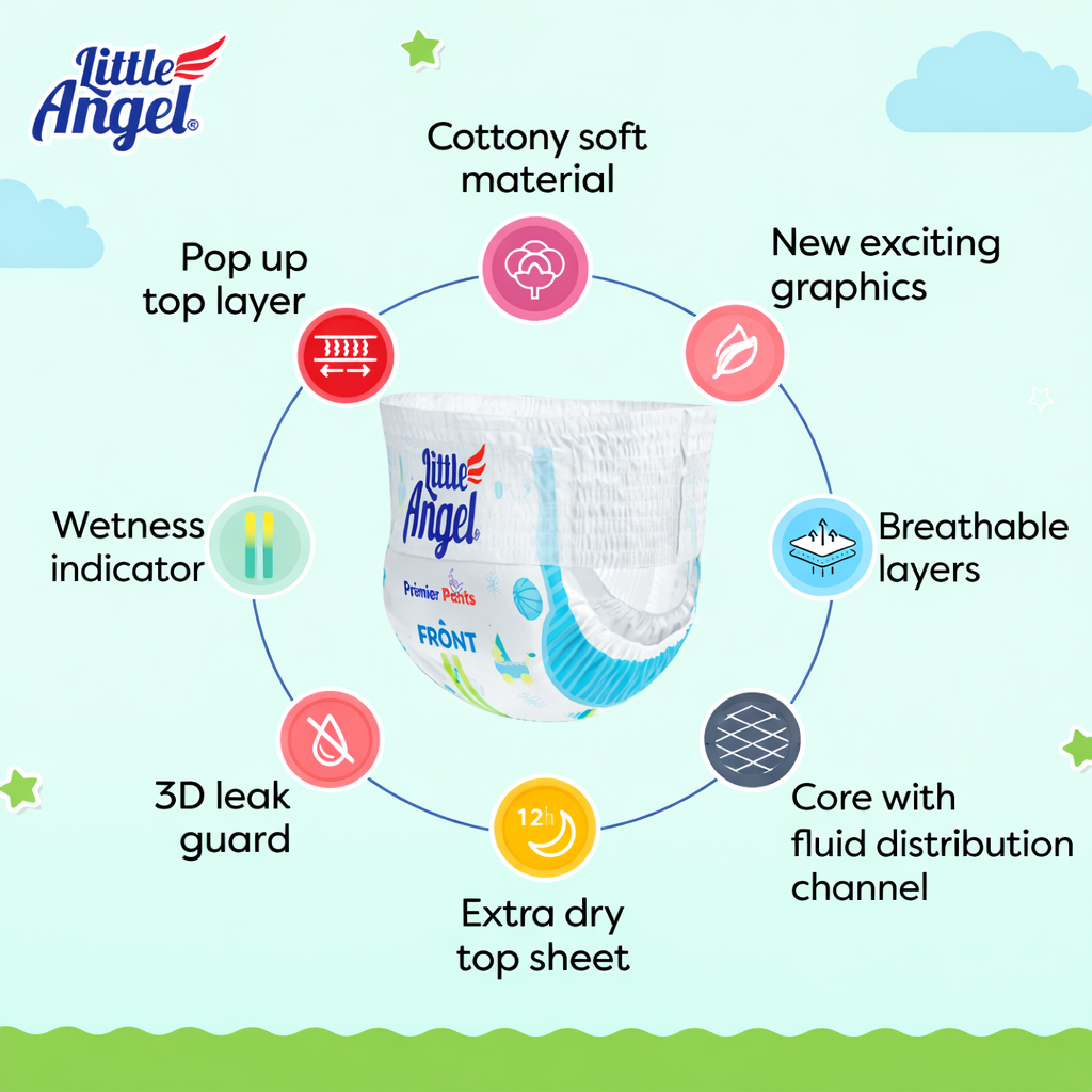 Baby Diapers & Pants- Little Angel Popular Pants with Long-Lasting 12 Hours Protection - Pack of Medium (M) Size 30 Pieces