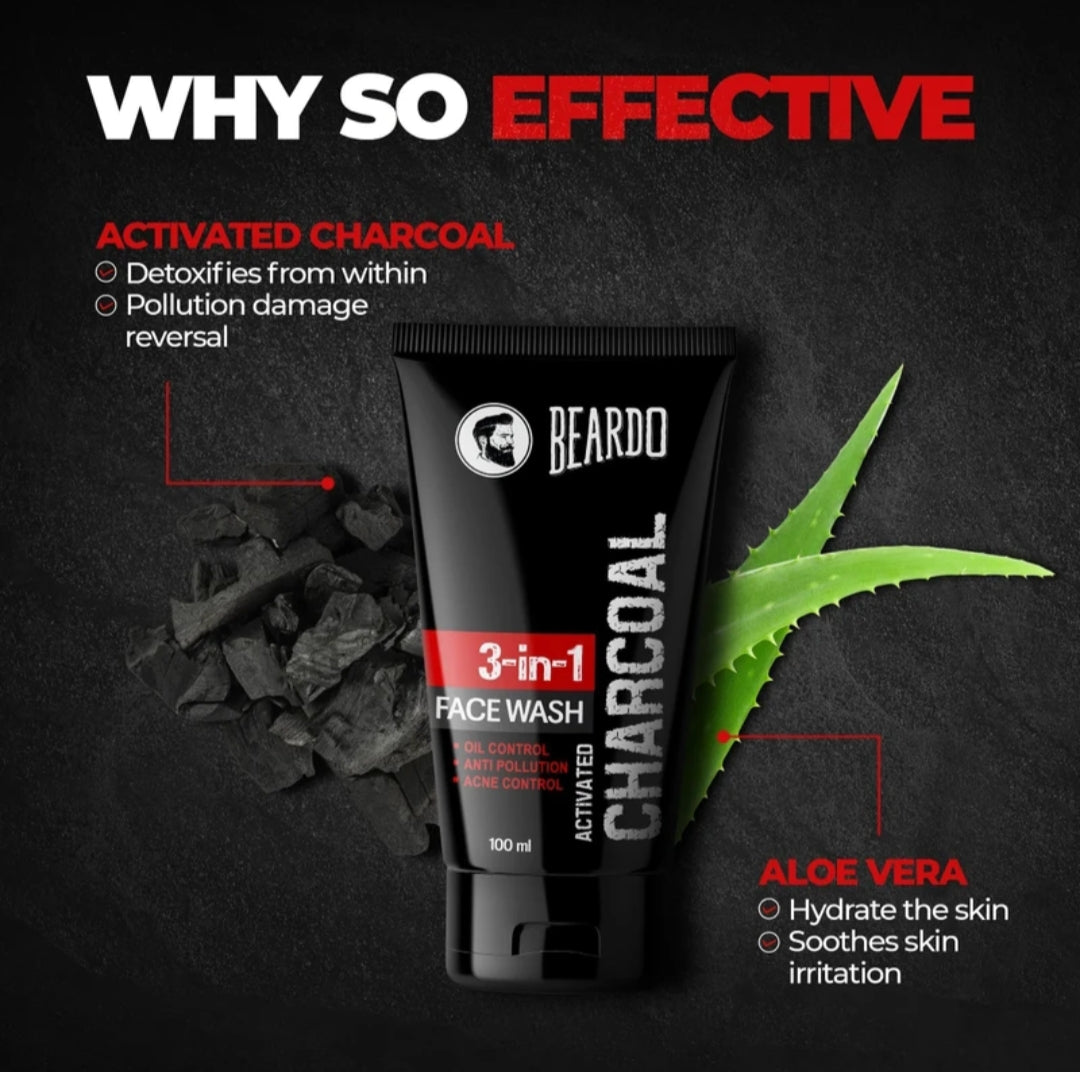 Face Wash- BEARDO 3-in-1 Activated Charcoal Face Wash 100ml ! Oil Control ! Anti Pollution ! Acne Control