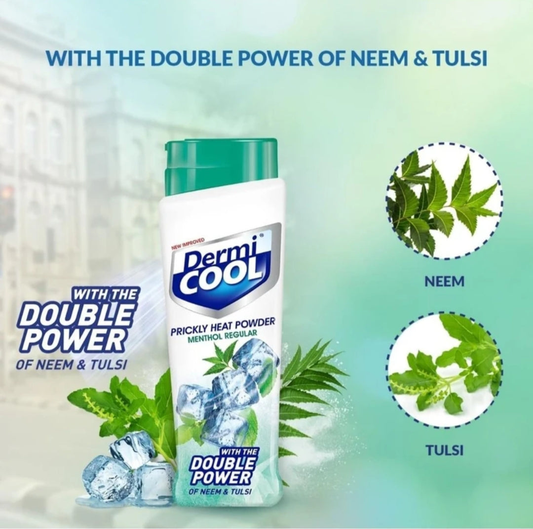 Talcum & Prickly Heat Powder- Dermi Cool Menthol Regular Prickly Heat Powder with Double Power of Neem & Tulsi 90gm