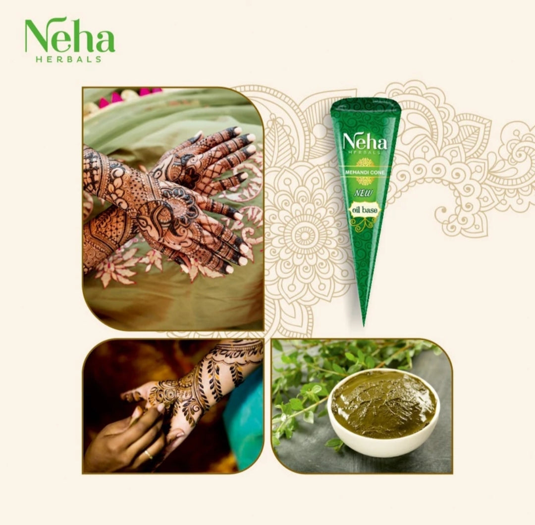 Mehandi- Neha Herbals New Oil Based Fast Staining Mehandi Cone Box of 12 Pieces