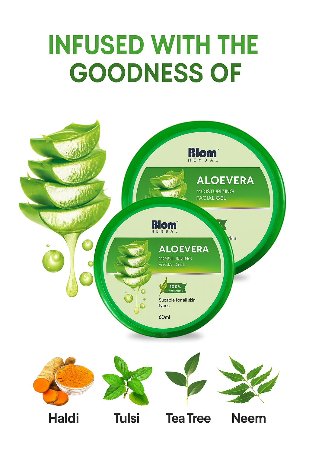 Lotions & Moisturizers- Blom Herbal's 100% Ayurvedic Aloe Vera Moisturizing Facial Gel suitable for all skin types 60ml